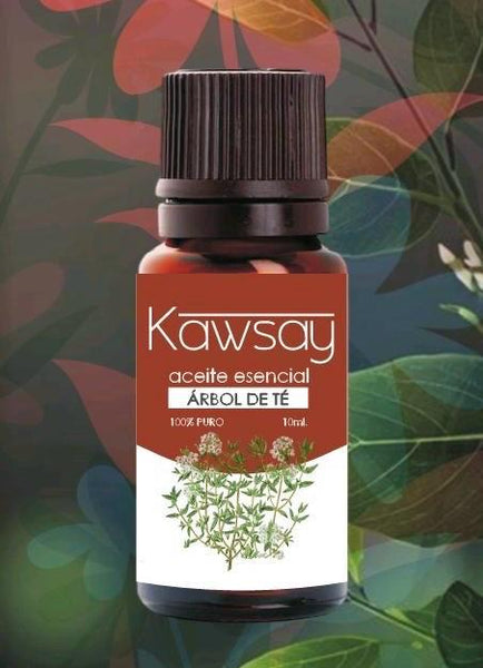 Frasco ámbar de aceite esencial de árbol de té Kawsay de 10ml 100% puro y grado terapéutico para aromaterapia, masajes y regulación emocional.