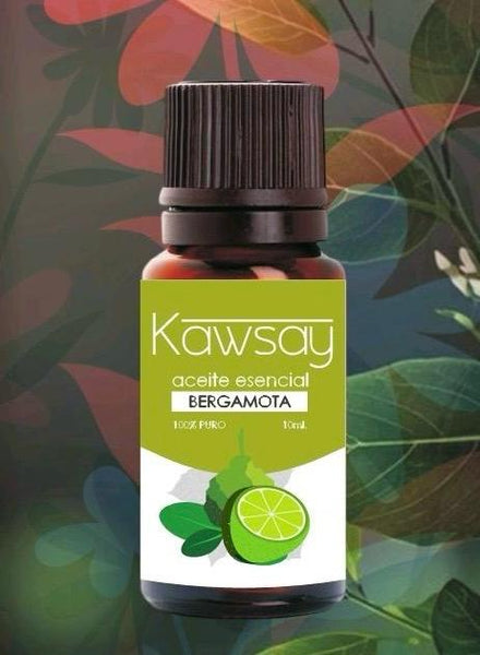 Frasco ámbar de aceite esencial de Bergamota Kawsay de 10ml 100% puro y grado terapéutico para aromaterapia, relajación profunda y regulación emocional.