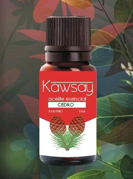 Frasco ámbar de aceite esencial de Cedro Kawsay de 10ml 100% puro y grado terapéutico para aromaterapia, relajación profunda y regulación emocional.