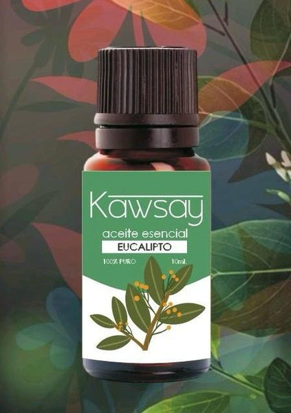 Frasco ámbar de aceite esencial de eucalipto Kawsay de 10ml 100% puro y grado terapéutico para aromaterapia, masajes y regulación emocional.