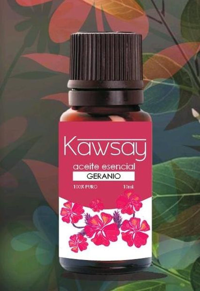Frasco ámbar de aceite esencial de Geranio Kawsay de 10 ml 100% puro y grado terapéutico para aromaterapia, masajes y regulación emocional.