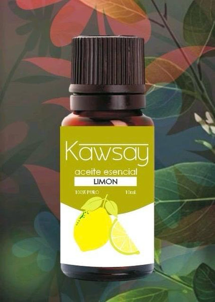 Frasco ámbar de aceite esencial de Limón Kawsay de 10ml 100% puro y grado terapéutico para aromaterapia, relajación profunda y regulación emocional.