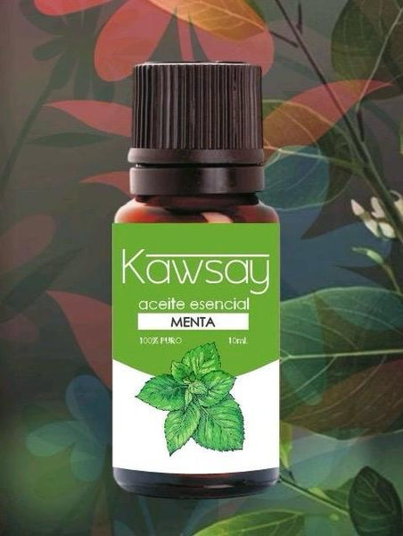 Frasco ámbar de aceite esencial de menta Kawsay de 10 ml 100% puro y grado terapéutico para aromaterapia, relajación profunda y regulación emocional.