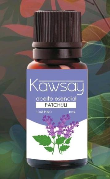 Frasco ámbar de aceite esencial de Patchuli Kawsay de 10 ml 100% puro y grado terapéutico para aromaterapia, masajes y regulación emocional.