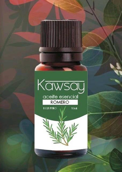 Frasco ámbar de aceite esencial de Romero Kawsay de 10ml 100% puro y grado terapéutico para, aromaterapia, masajes y regulación emocional.