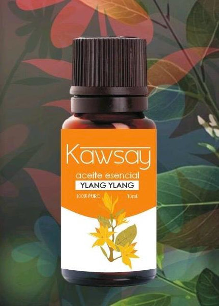 Frasco ámbar de aceite esencial de Ylang Ylang Kawsay de 10ml 100% puro y grado terapéutico para aromaterapia, relajación profunda y regulación emocional.